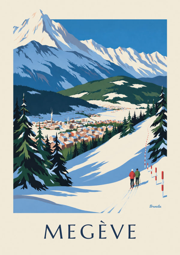 Affisch Megève, pisterna med utsikt mot Mont-Blanc