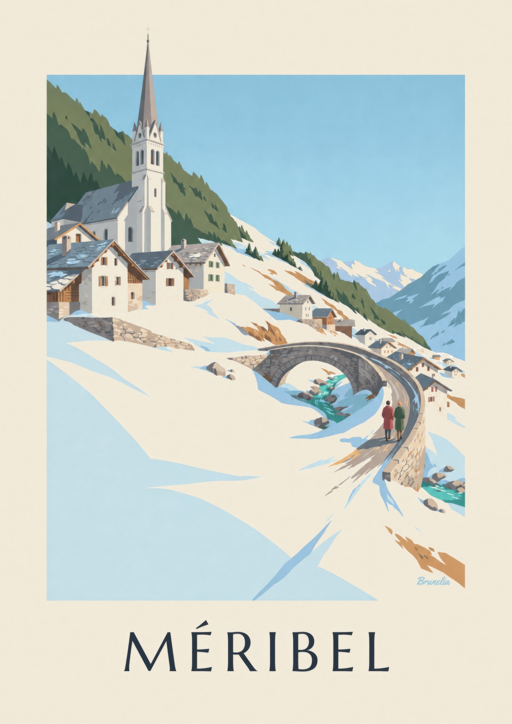 Affiche Méribel, le pont et l'église des Allues : détail en gros plan
