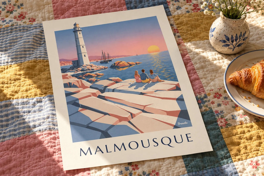 Affiche apéritif au coucher du soleil à Malmousque : posée sur une table