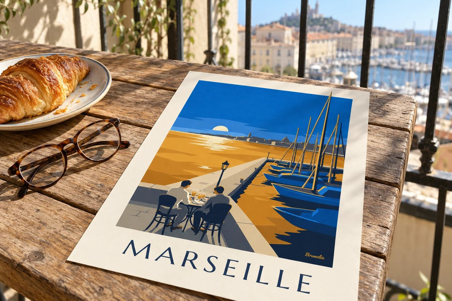 Affiche apéritif au coucher du soleil à Marseille : posée sur une table