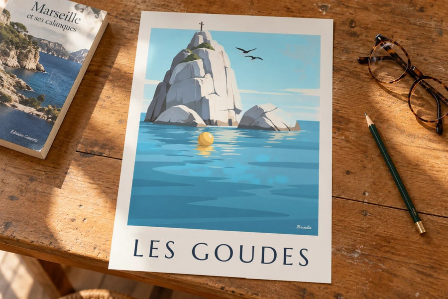 Affiche îlot du Tiboulen de Maïre et sa croix : posée sur une table