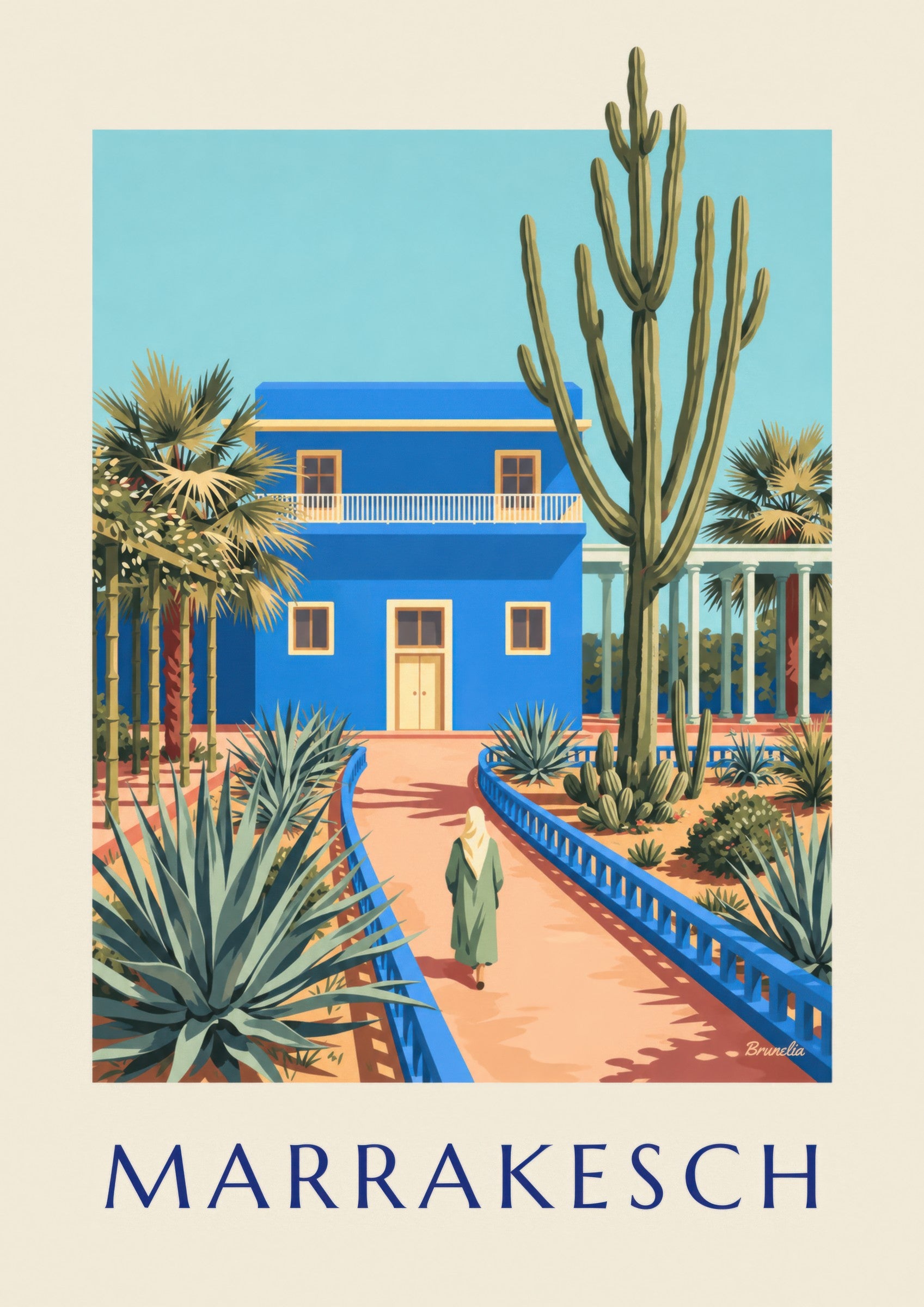 Affiche villa bleue et cactus de Marrakech (titre MARRAKESCH) : détail en gros plan