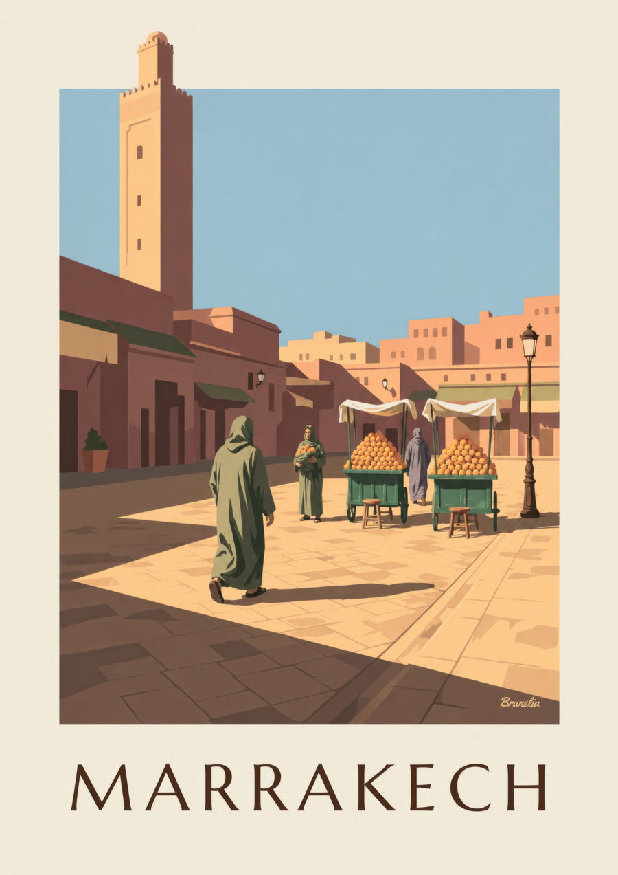 Affiche Jemaa el-Fna à Marrakech, étals d'oranges