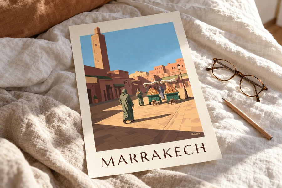 Affiche Jemaa el-Fna à Marrakech, étals d'oranges : posée sur une table