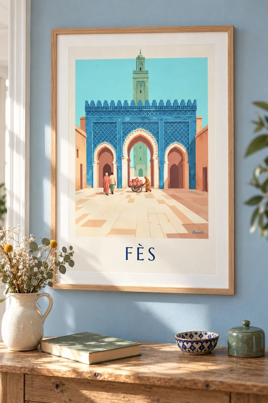 Affiche Bab Bou Jeloud de Fès, zelliges bleus : encadrée au mur
