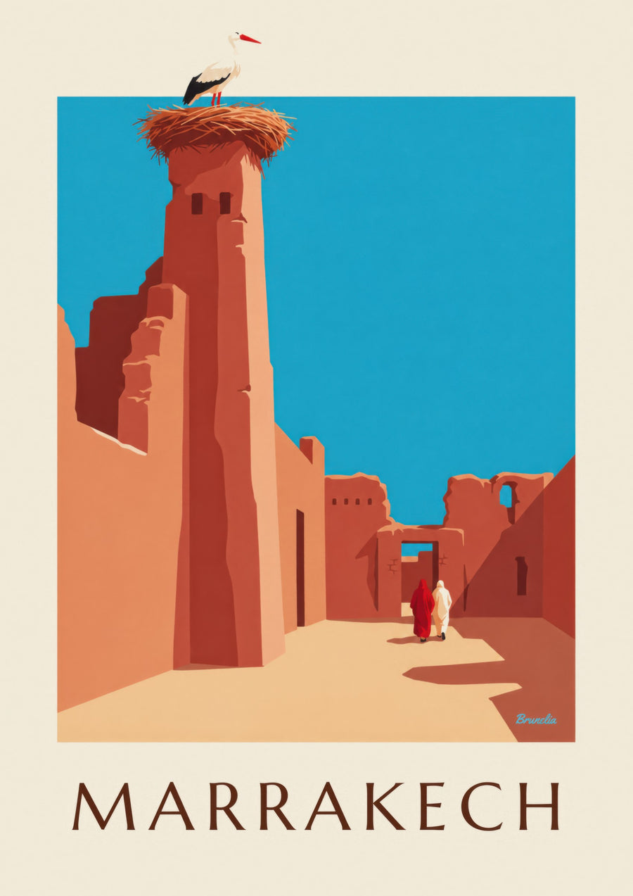 Affiche cigogne sur les remparts d’El Badi à Marrakech