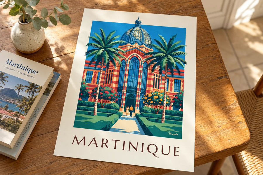 Affiche Martinique, bibliothèque Schœlcher à Fort-de-France : posée sur une table