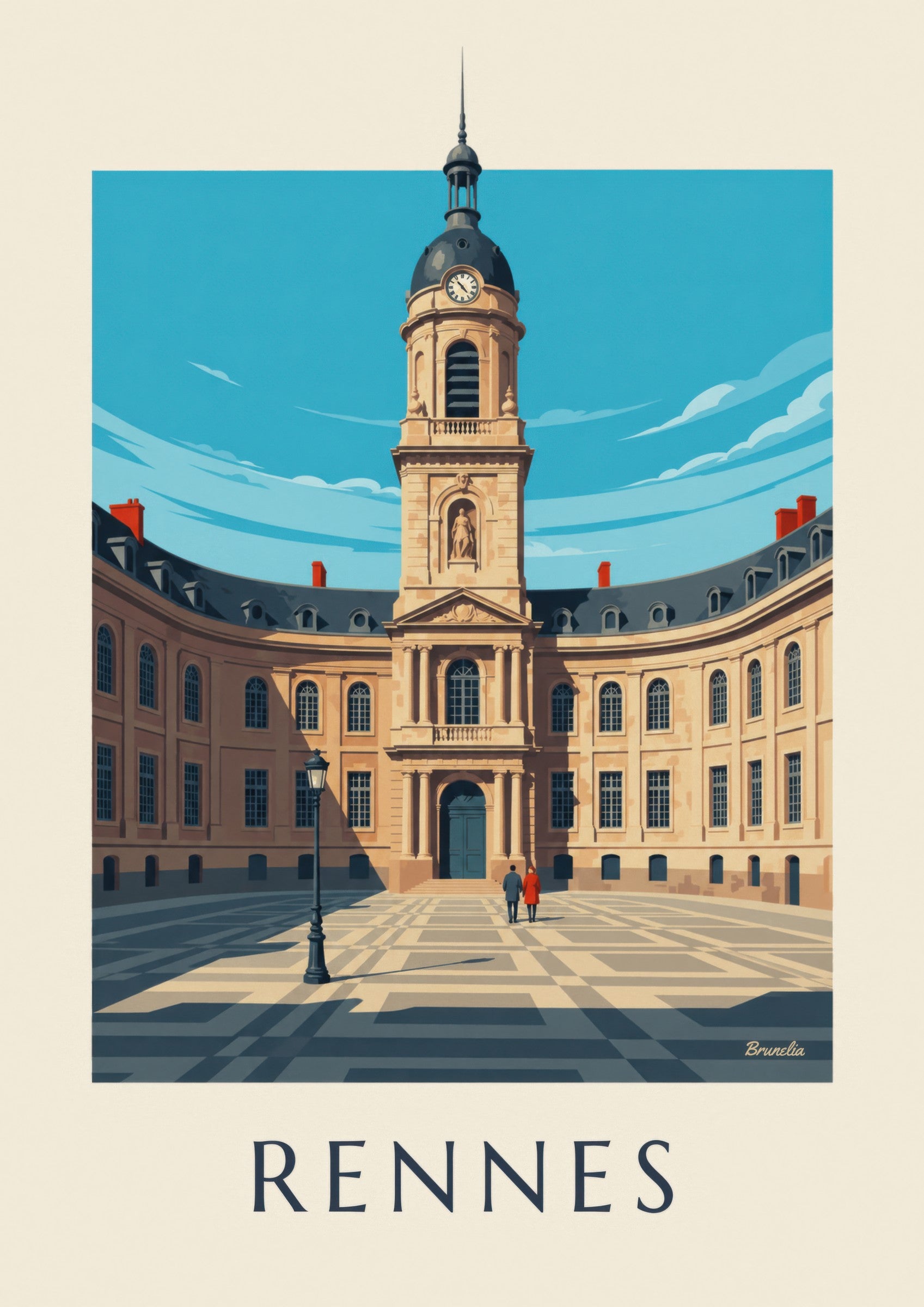 Affiche Rennes hôtel de ville et tour de l'horloge : détail en gros plan