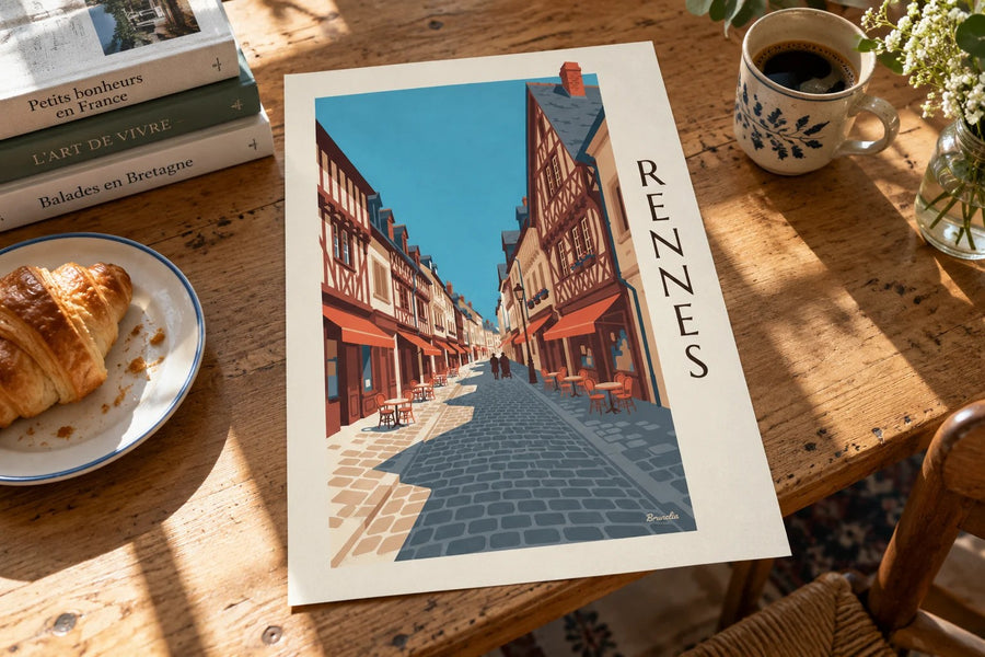 Affiche Rennes rue Saint-Georges et maisons à pans de bois : posée sur une table