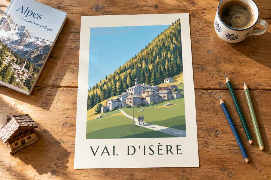 Affiche Val d’Isère, le hameau du Fornet : posée sur une table