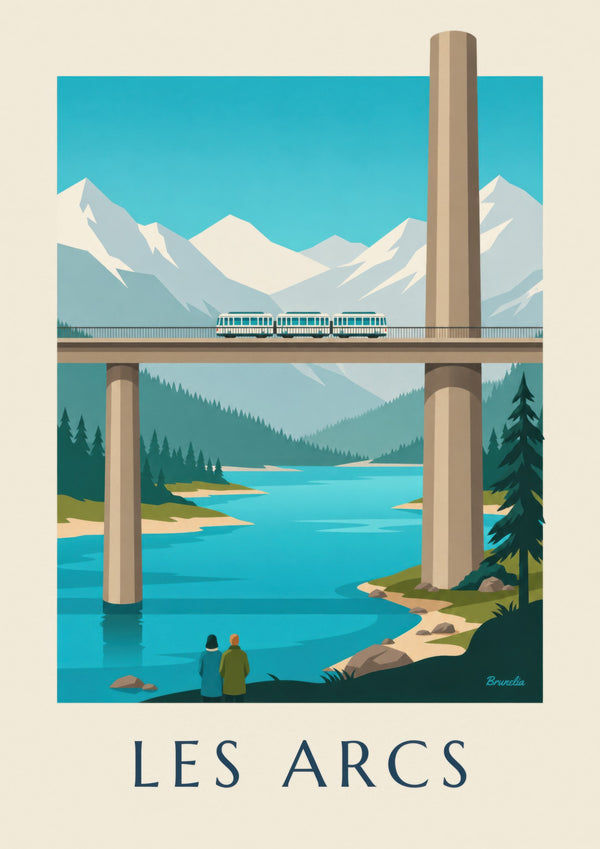 Affisch med Les Arcs och bergbana på viadukt