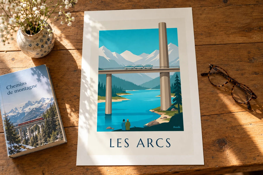 Affiche Les Arcs, funiculaire sur viaduc : posée sur une table