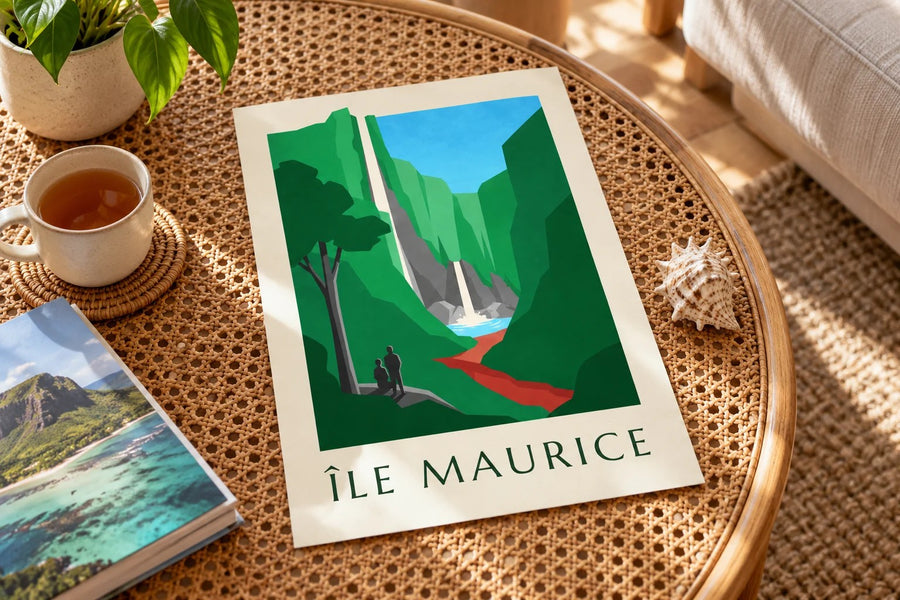 Affiche Île Maurice, cascade de Chamarel (titre ÎLE MAURICE) : posée sur une table