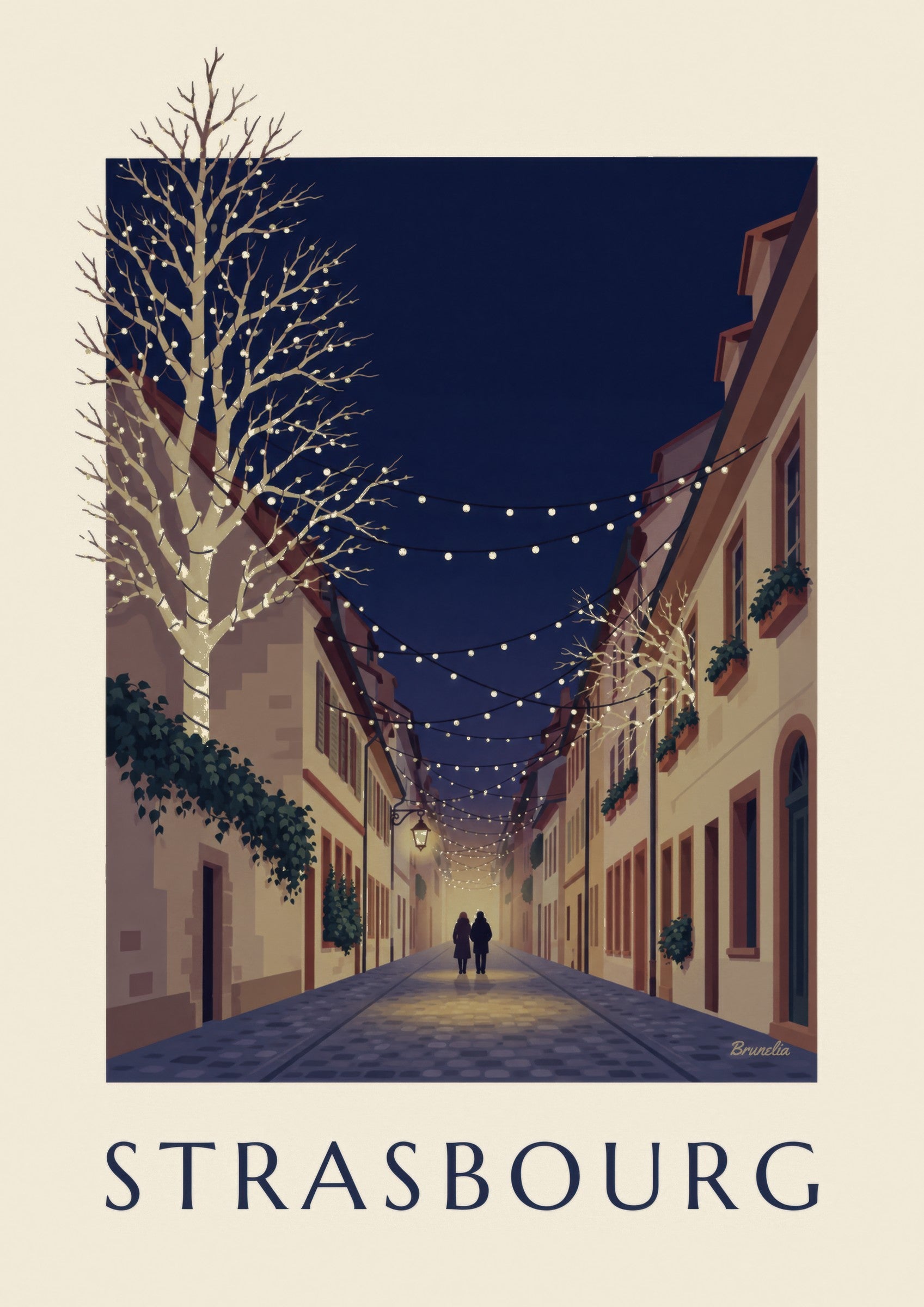 Affiche ruelle de Strasbourg illuminée pour Noël : détail en gros plan