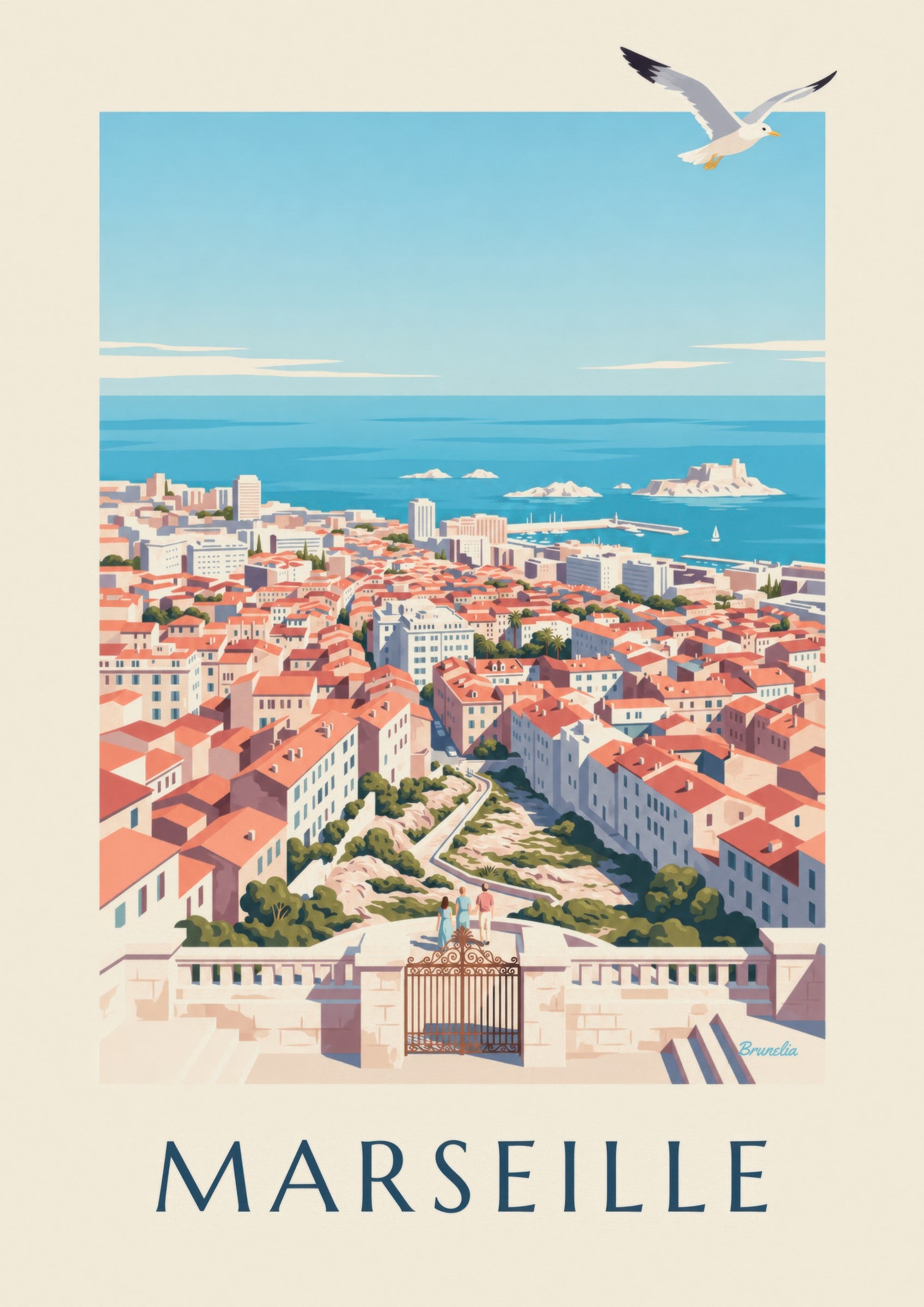 Affiche vue de Marseille depuis Notre-Dame-de-la-Garde : détail en gros plan