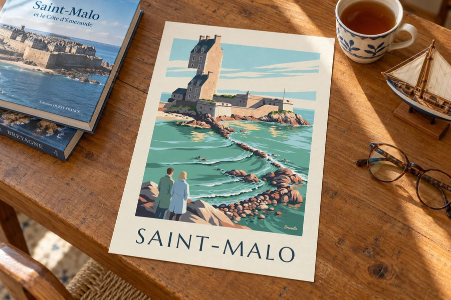 Affiche Fort National de Saint-Malo à marée haute : posée sur une table