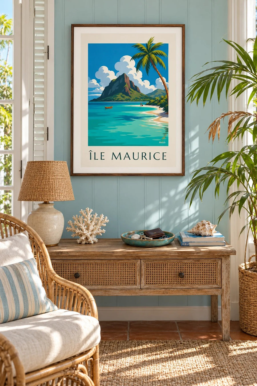 Affiche Le Morne Brabant et son lagon (titre ÎLE MAURICE) : encadrée au mur