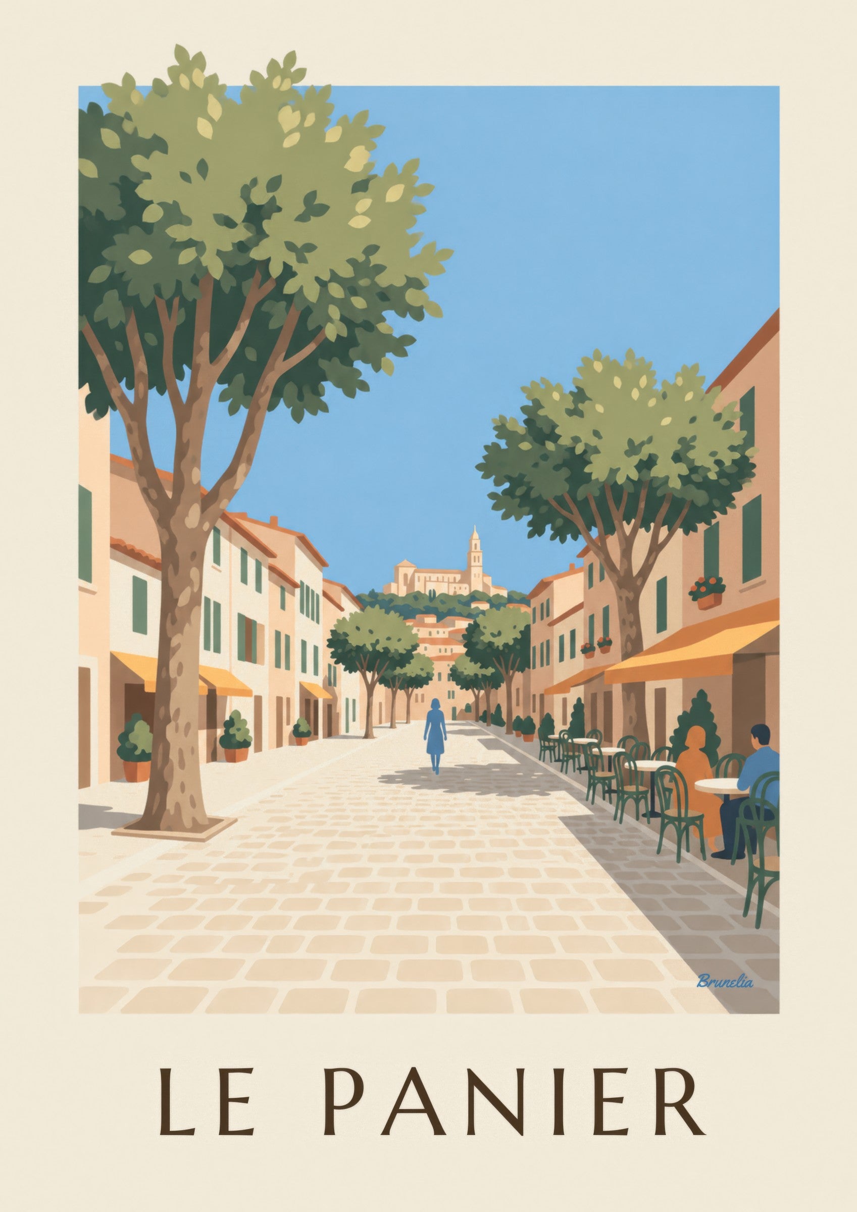 Affiche place de Lenche au Panier, terrasses et platanes : détail en gros plan