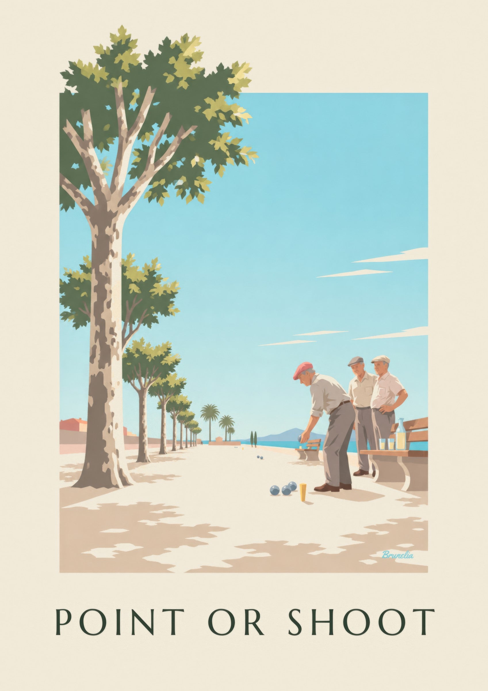 Affiche partie de pétanque sous les platanes : détail en gros plan