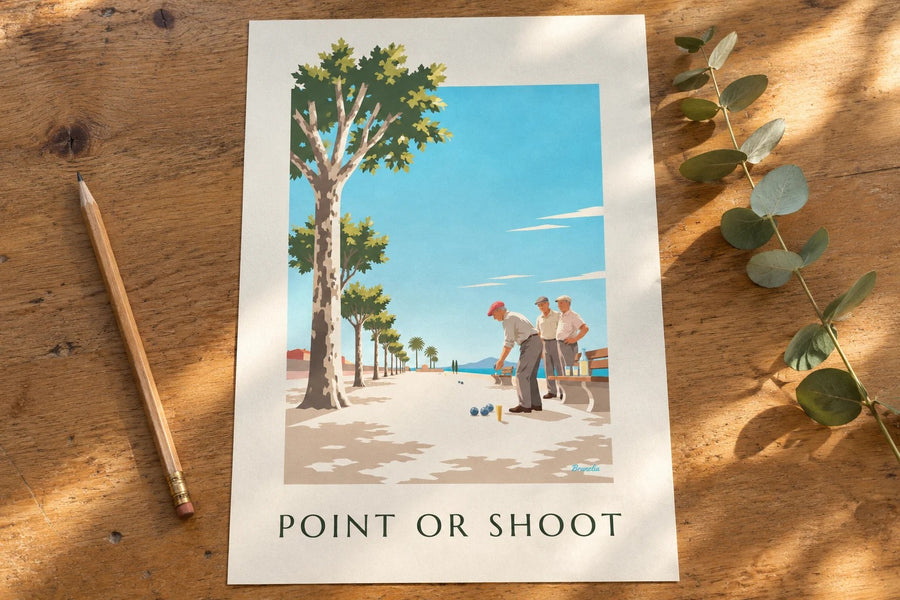 Affiche partie de pétanque sous les platanes : posée sur une table