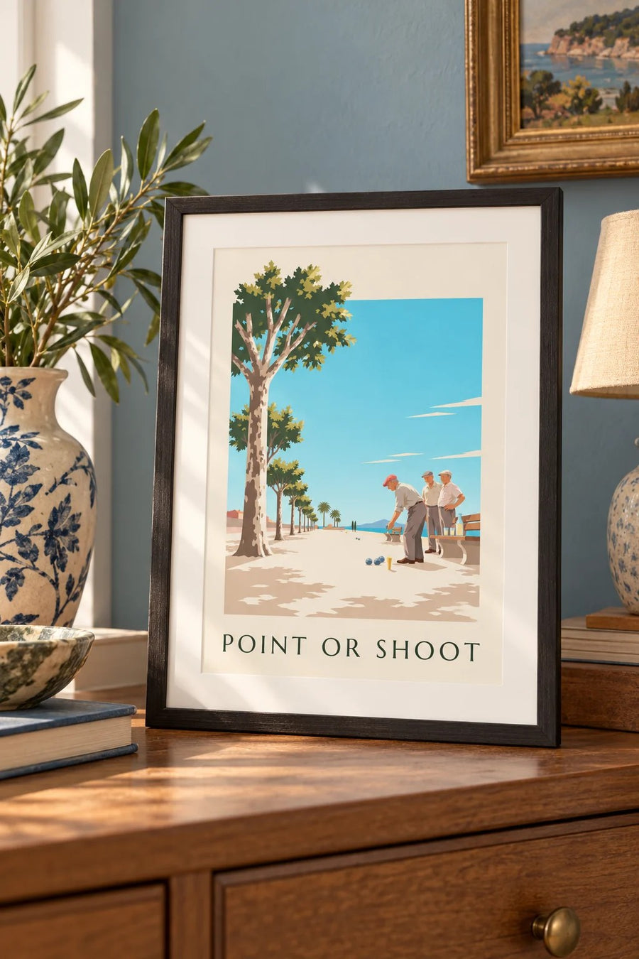 Affiche partie de pétanque sous les platanes : petit format A4 encadré