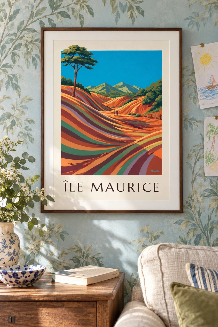 Affiche Île Maurice Chamarel terres des 7 couleurs (titre ÎLE MAURICE) : encadrée au mur
