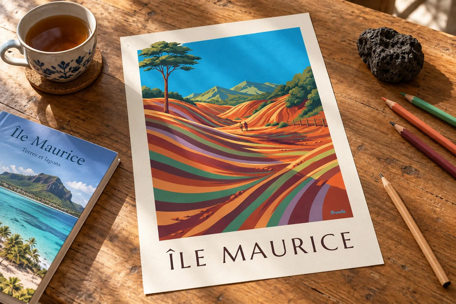 Affiche Île Maurice Chamarel terres des 7 couleurs (titre ÎLE MAURICE) : posée sur une table