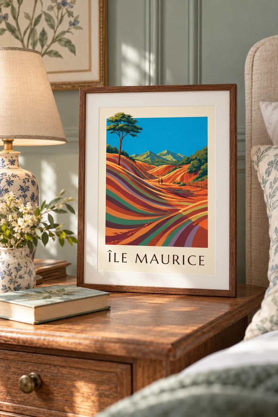 Affiche Île Maurice Chamarel terres des 7 couleurs (titre ÎLE MAURICE) : petit format A4 encadré