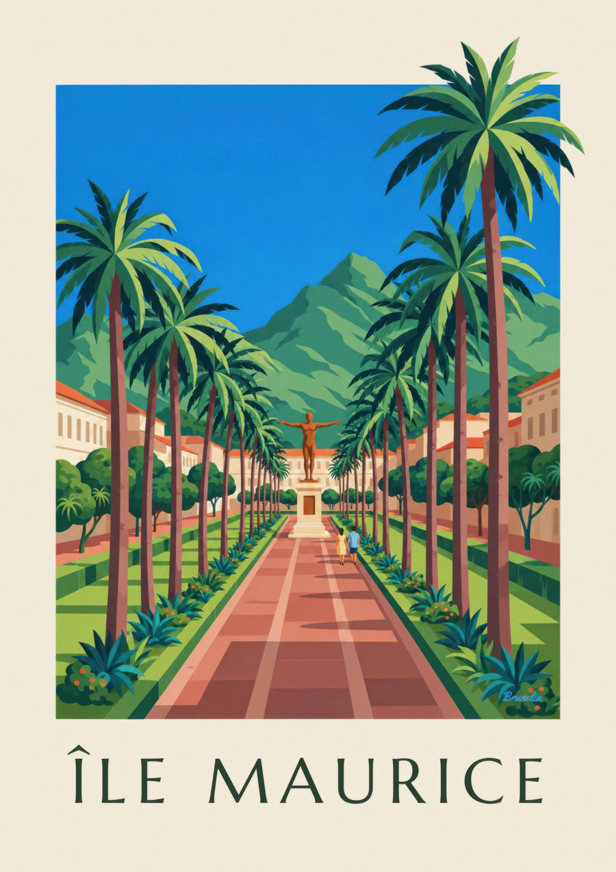 Affiche Port-Louis, place d'Armes et palmiers (titre ÎLE MAURICE)