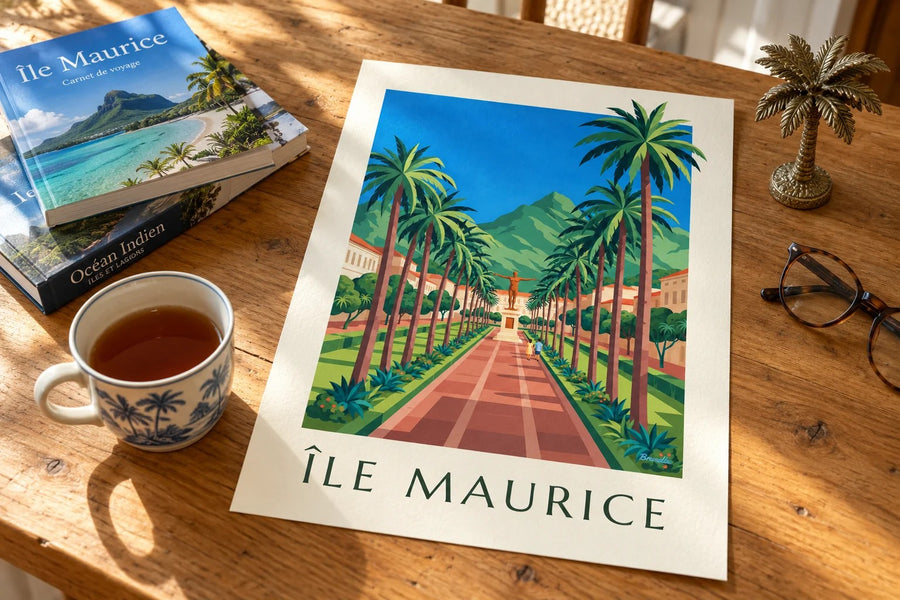 Affiche Port-Louis, place d'Armes et palmiers (titre ÎLE MAURICE) : posée sur une table