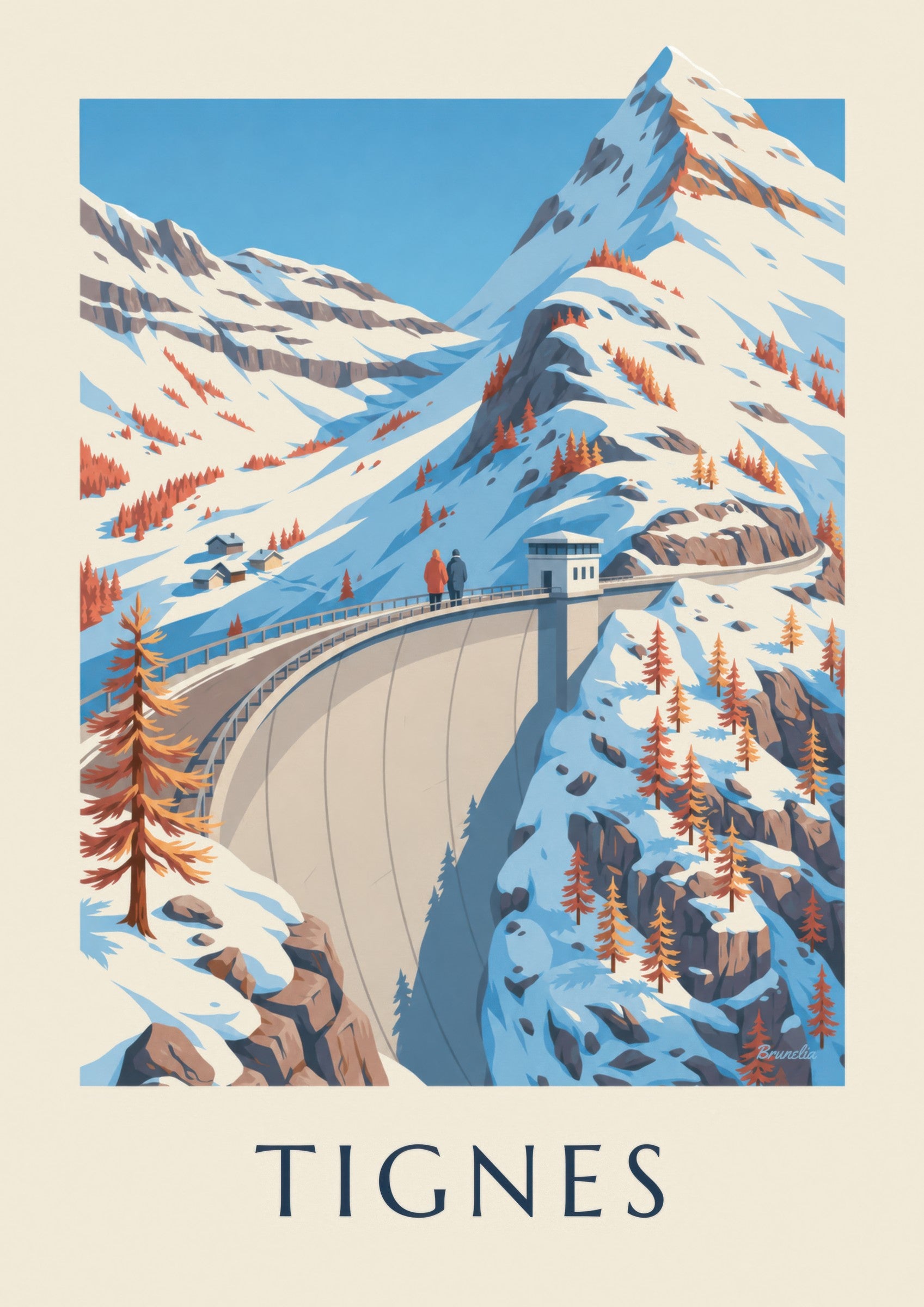 The curved wall of the Tignes dam, bordered by snowy rocks and fir tree shadows