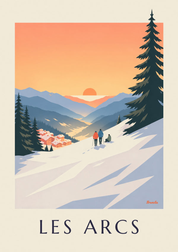 Affisch Les Arcs, solnedgång över Arc 1800