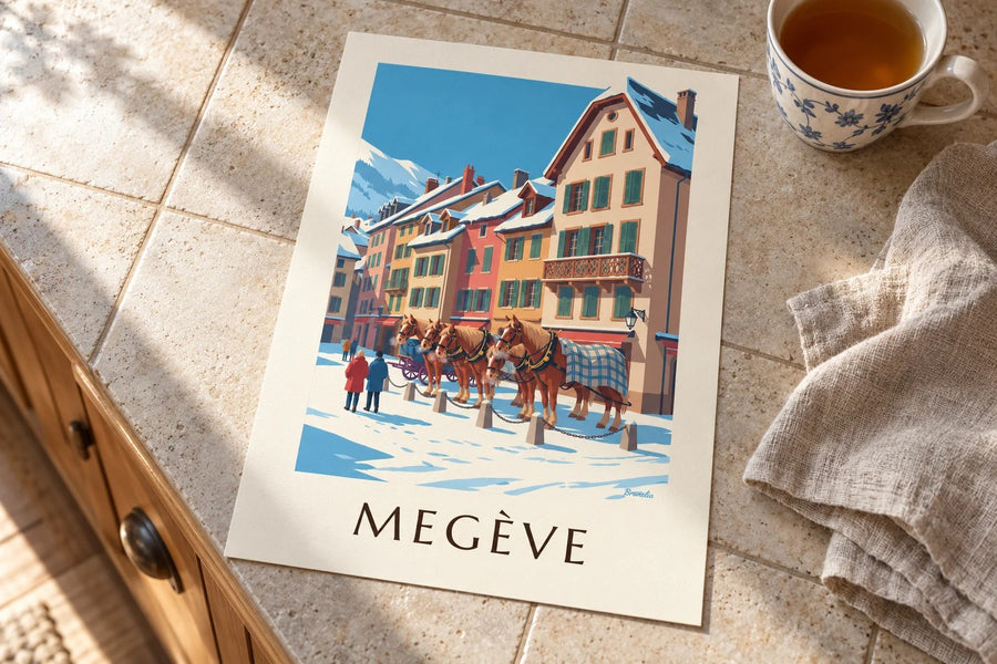 Affiche Megève, chevaux de calèche en hiver : posée sur une table