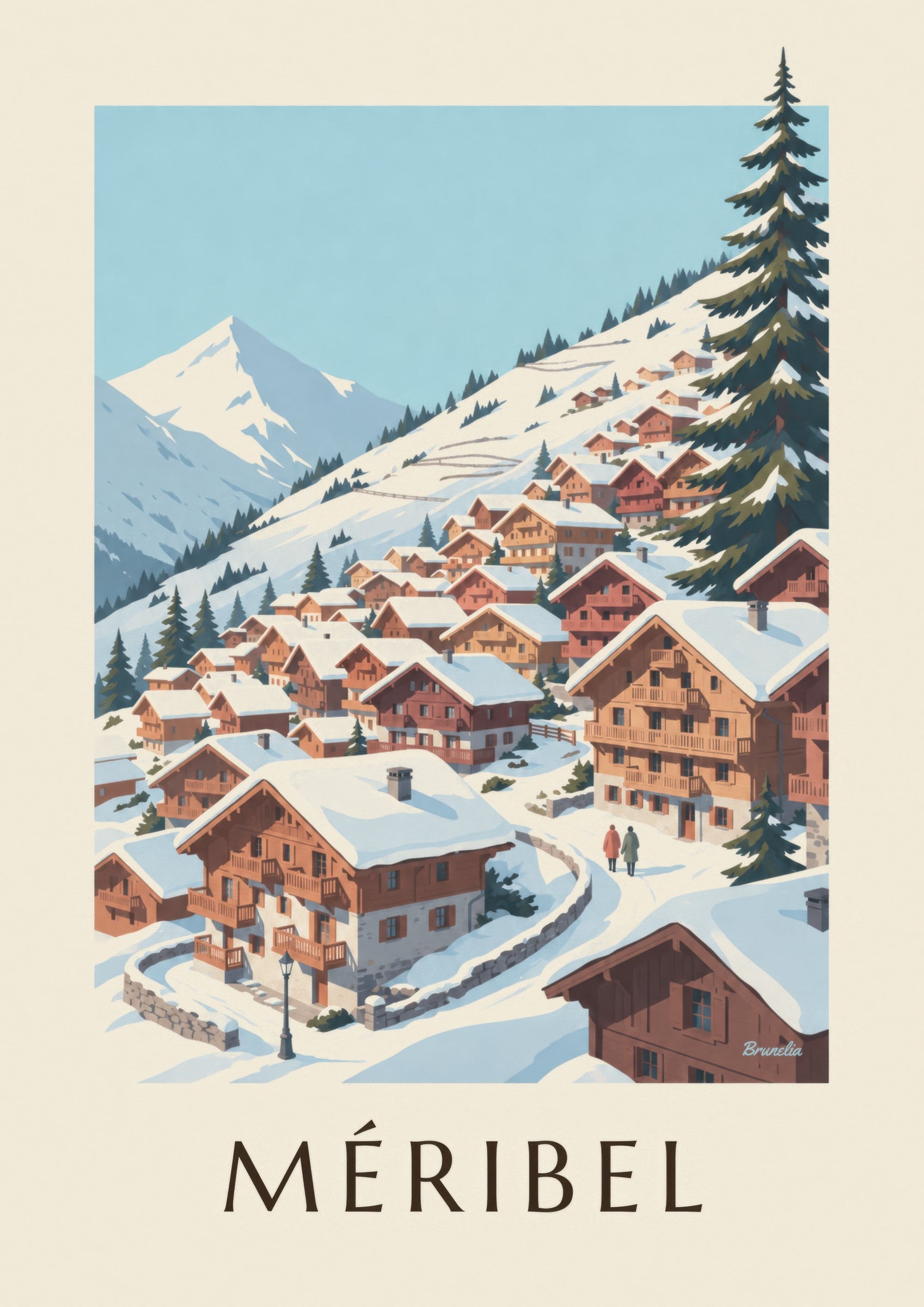 Affiche Méribel, chalets sous la neige : détail en gros plan