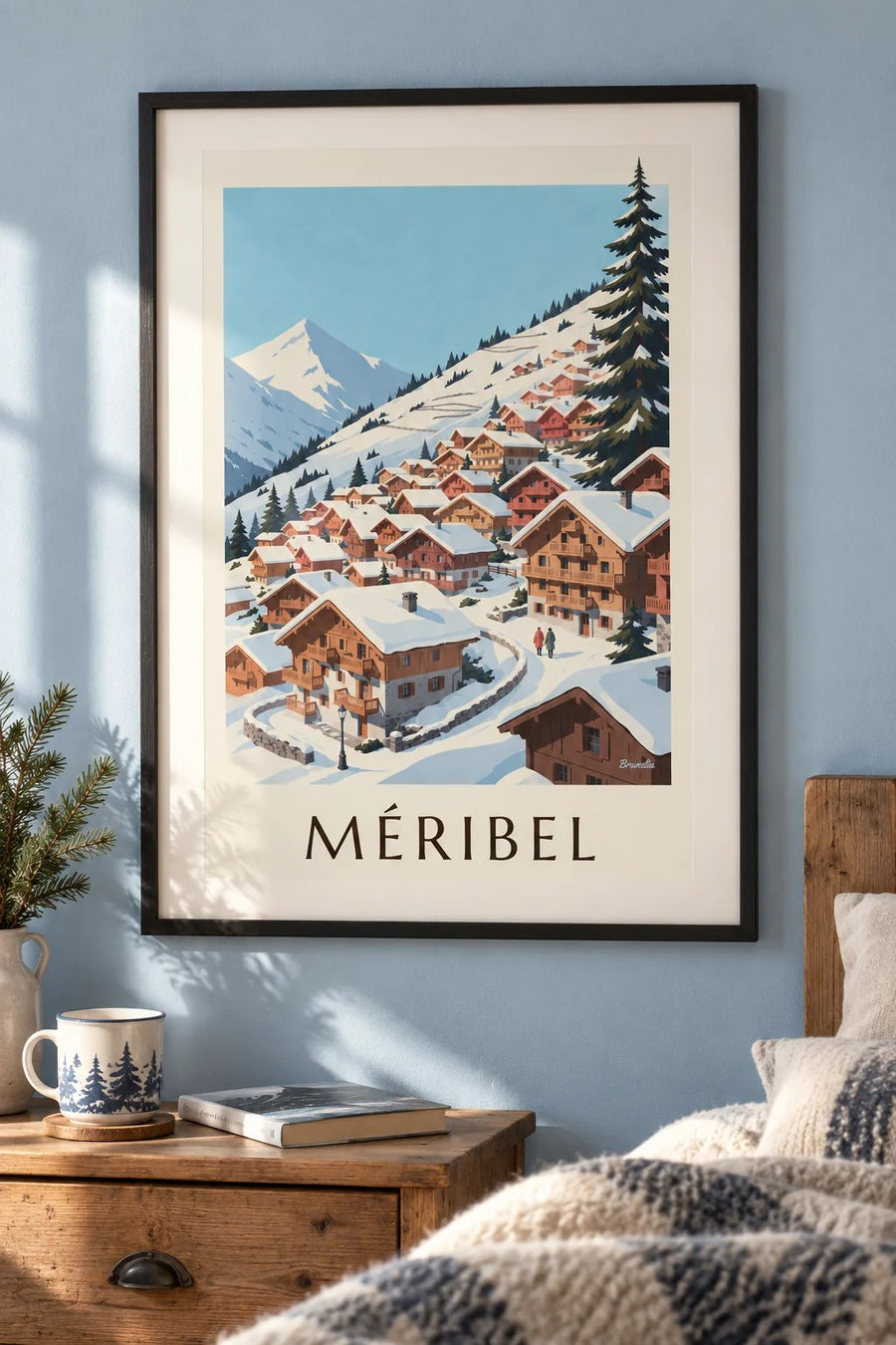 Affiche Méribel, chalets sous la neige : encadrée au mur