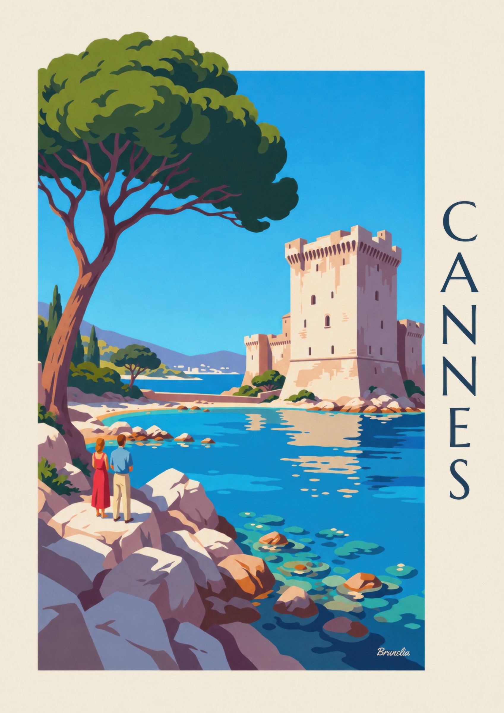 The crenellated tower of the monastery of Saint-Honorat beside the turquoise water