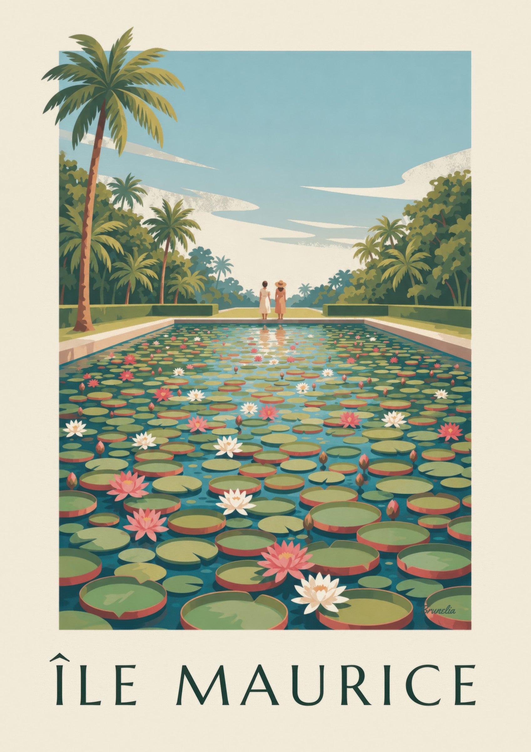 Affiche Île Maurice nénuphars géants (titre ÎLE MAURICE) : détail en gros plan