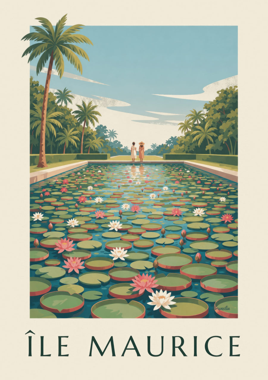 Affiche Île Maurice nénuphars géants (titre ÎLE MAURICE)