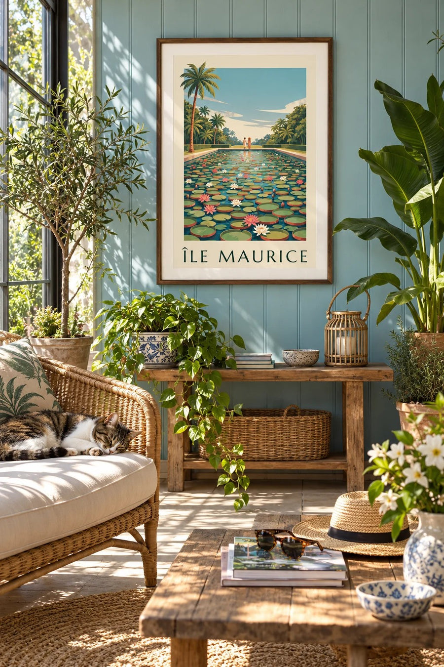 Affiche Île Maurice nénuphars géants (titre ÎLE MAURICE) : encadrée au mur
