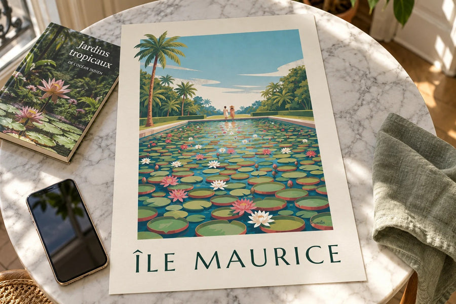 Affiche Île Maurice nénuphars géants (titre ÎLE MAURICE) : posée sur une table