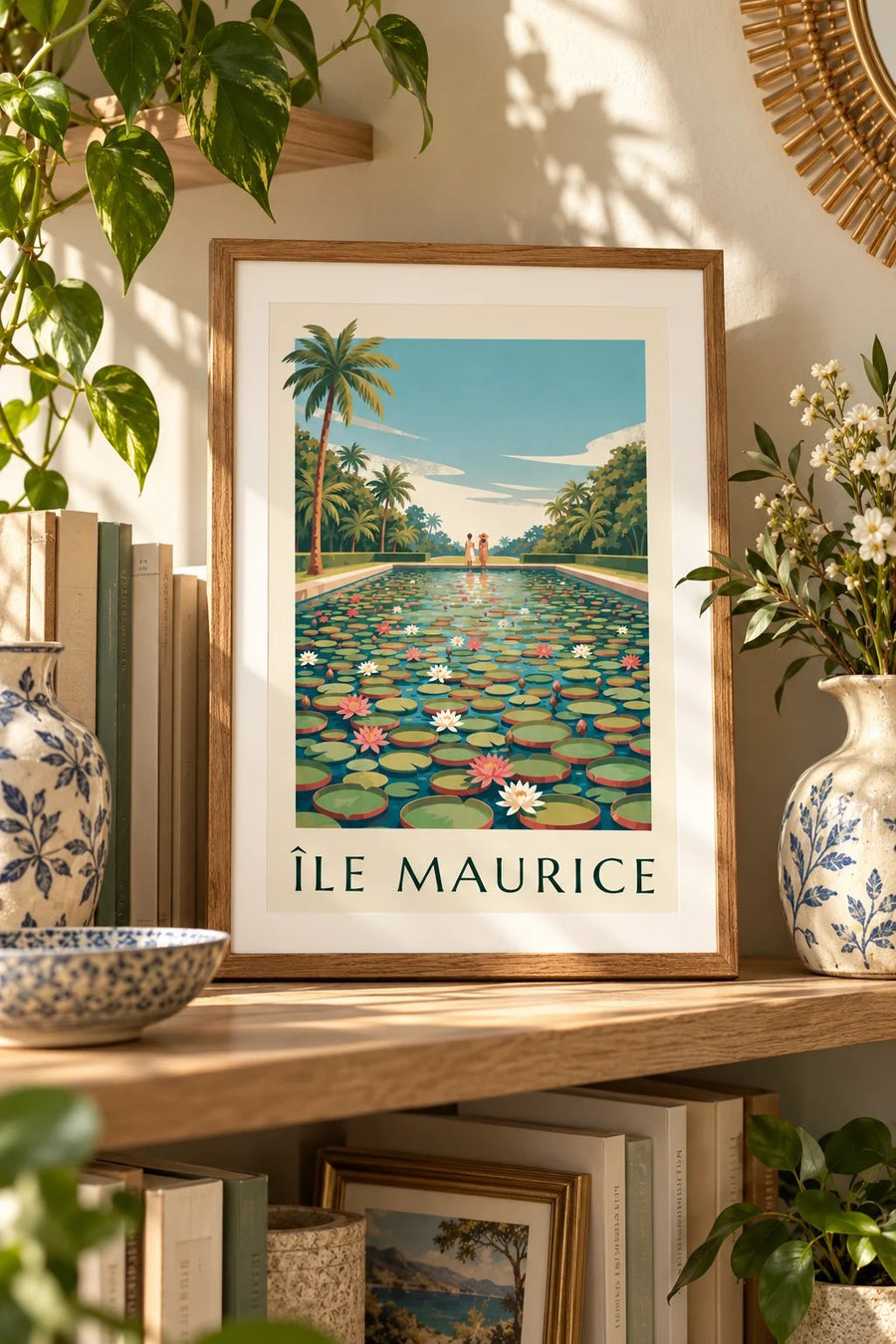 Affiche Île Maurice nénuphars géants (titre ÎLE MAURICE) : petit format A4 encadré