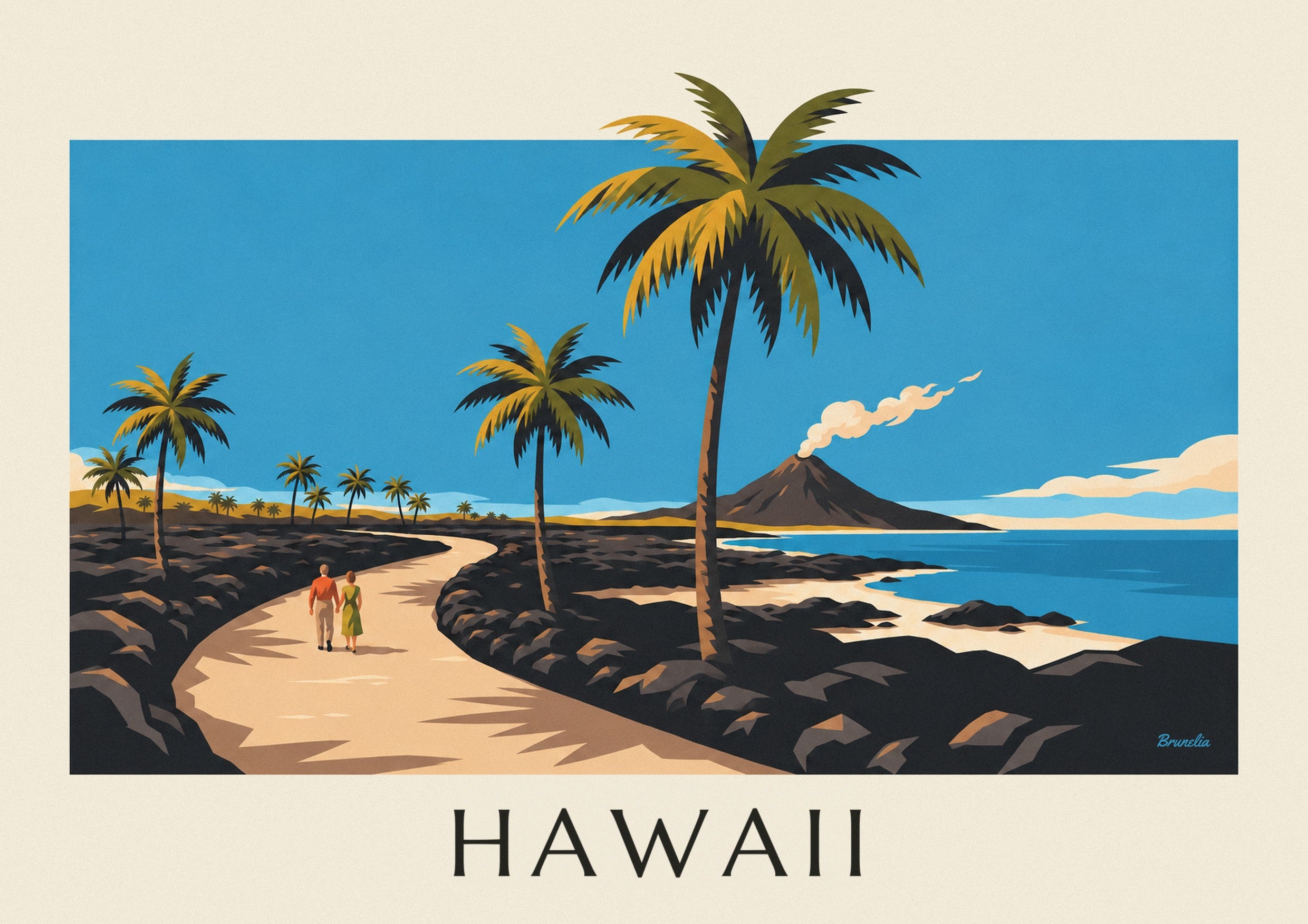 Affisch med Hawaii-väg mellan palmer och vulkan: detalj i närbild