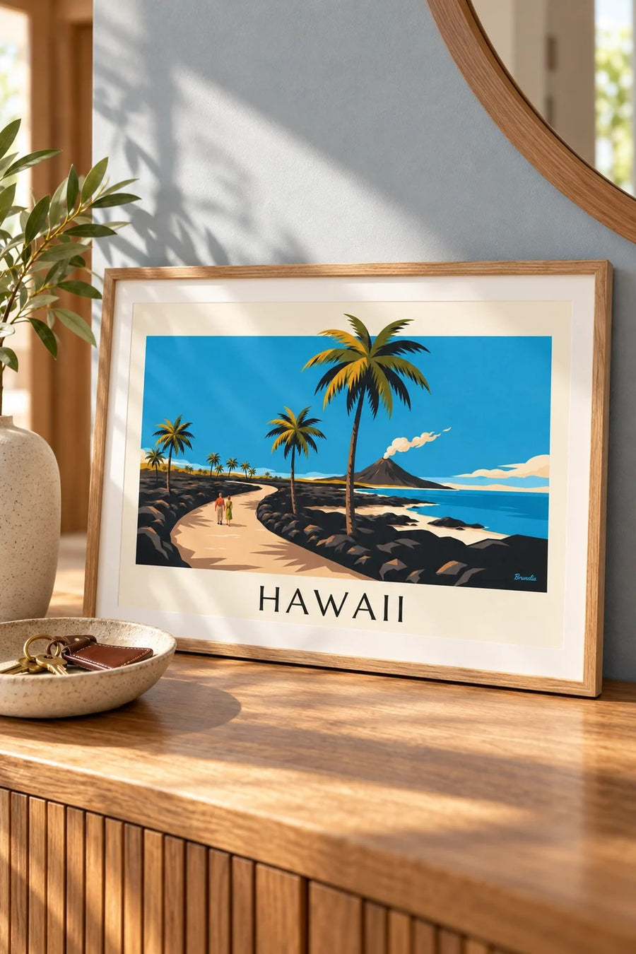 Affisch med Hawaii-väg mellan palmer och vulkan: litet A4-format i ram