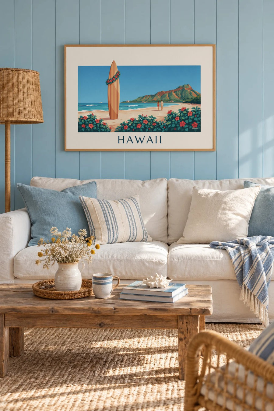 Poster med surfbräda och hibiskus framför Diamond Head på Hawaii: inramad på väggen