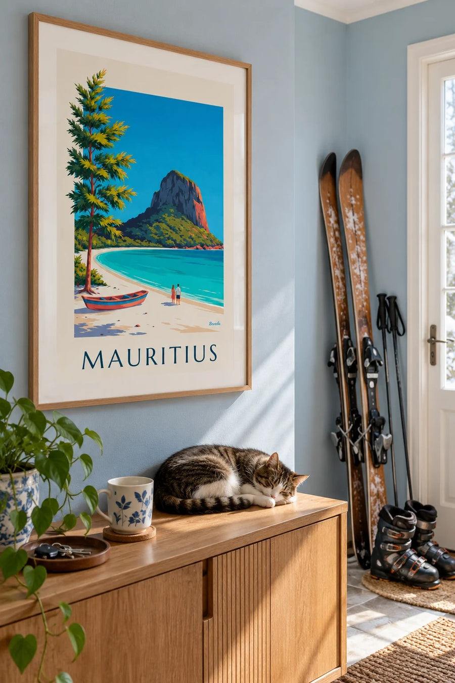 Affisch med Morne Brabant och Mauritius lagun: inramad på väggen