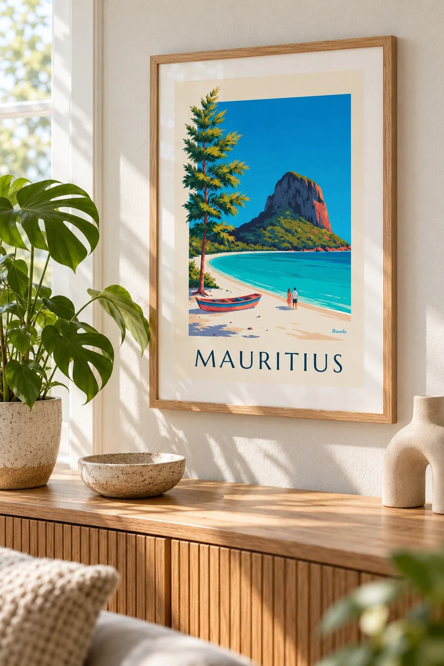 Affisch med Morne Brabant och Mauritius lagun: litet A4-format i ram