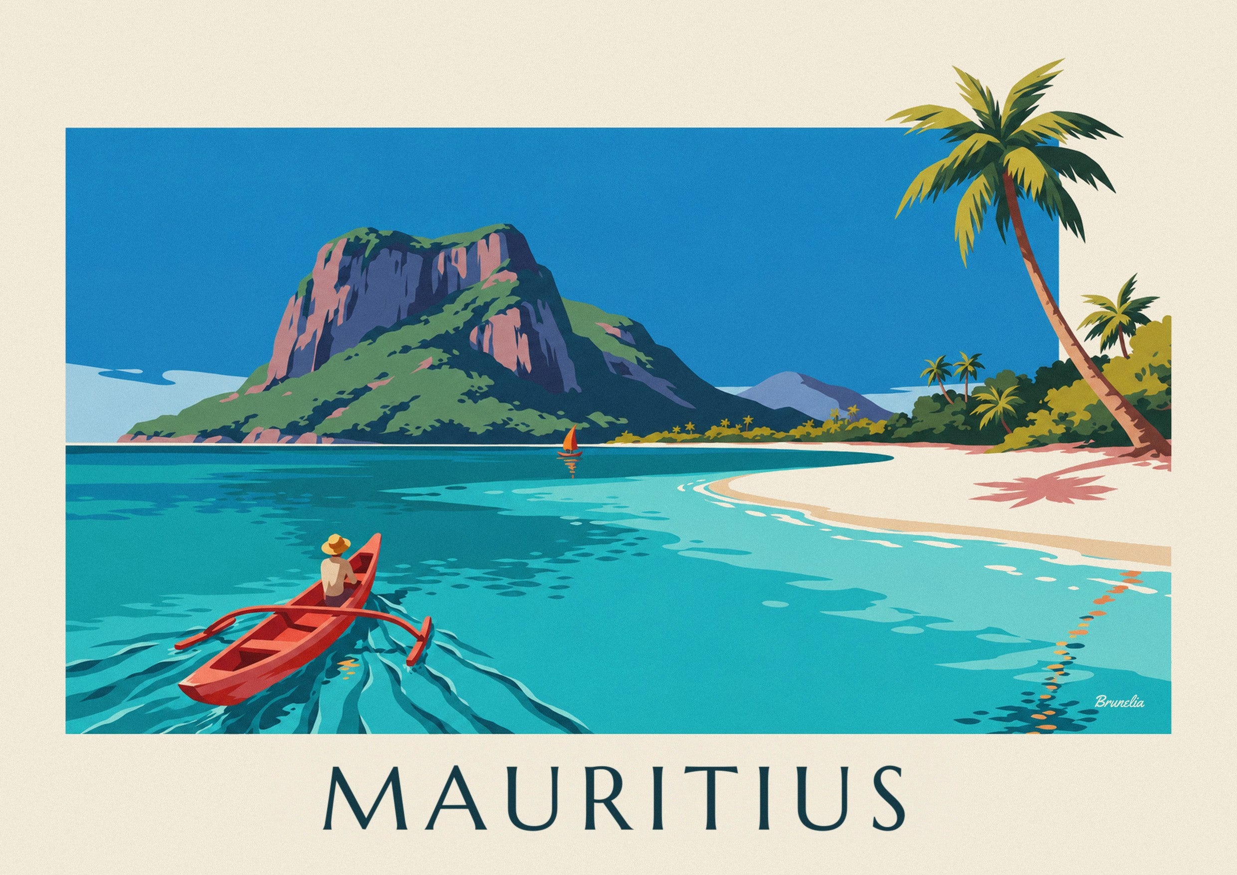 Affisch med lagun, kokospalmer och Morne Brabant på Mauritius: detalj i närbild