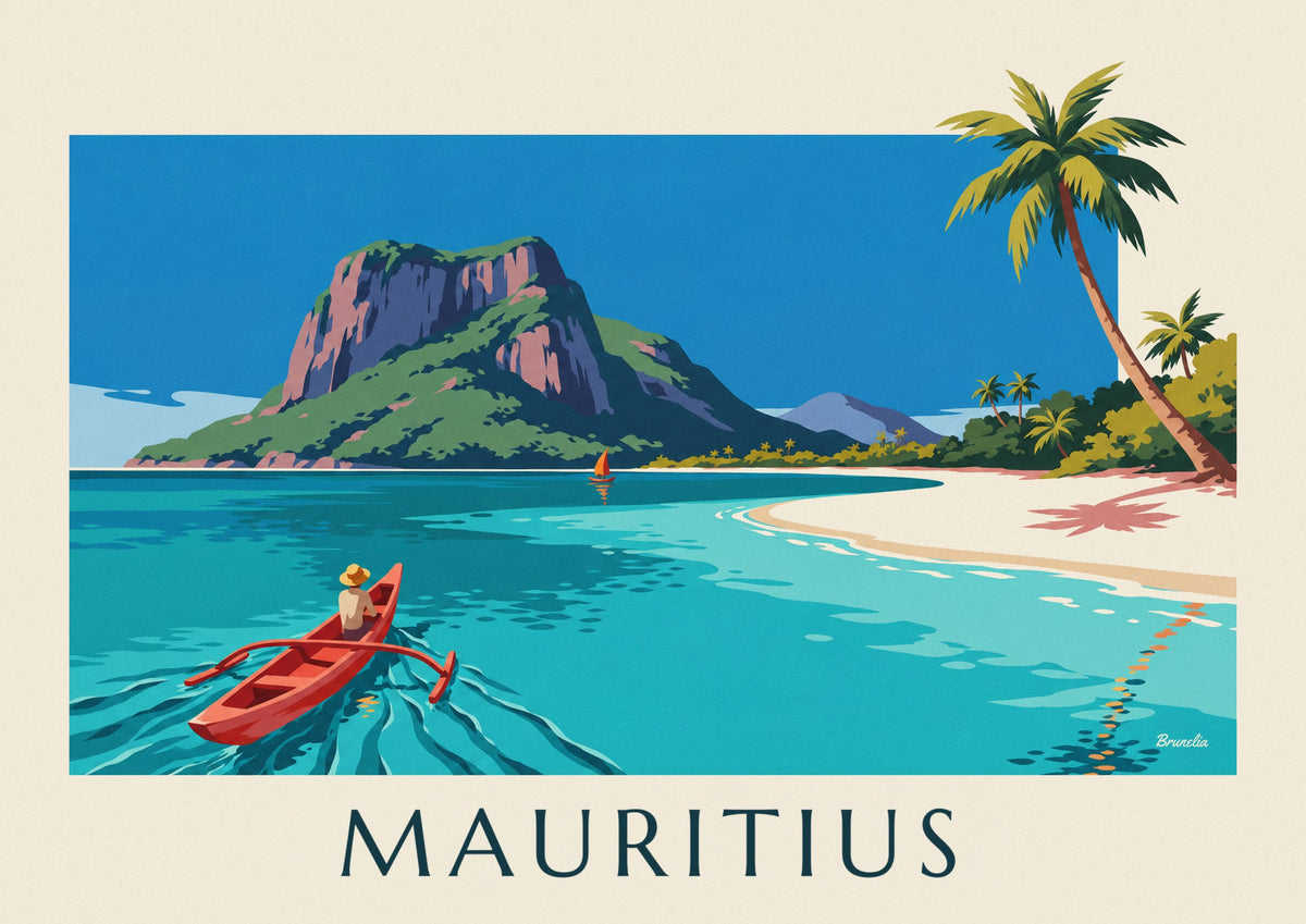 Affisch med lagun, kokospalmer och Morne Brabant på Mauritius