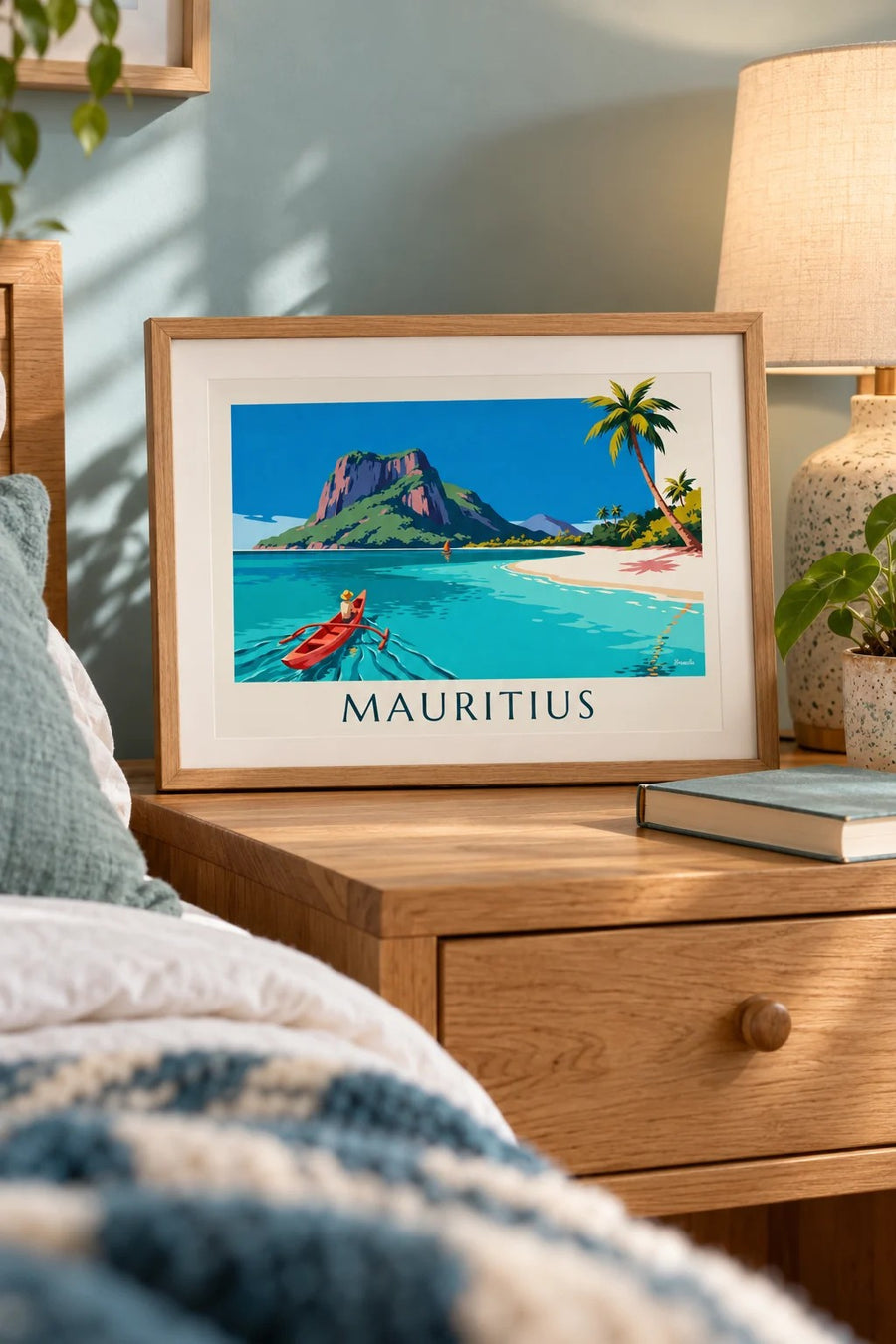Affisch med lagun, kokospalmer och Morne Brabant på Mauritius: litet A4-format i ram