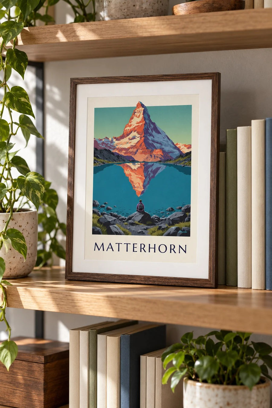 Affisch med Matterhorn i solnedgången speglat i en alpsjö: litet A4-format i ram